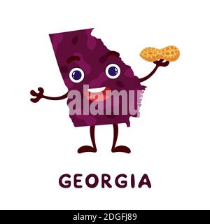 Nette Cartoon Georgia Staat Charakter Cliparts. Illustrierte Karte des Bundesstaates Georgia der USA mit Staatsname. Lustige Charakter-Design für Kinder Spiel, stick Stock Vektor