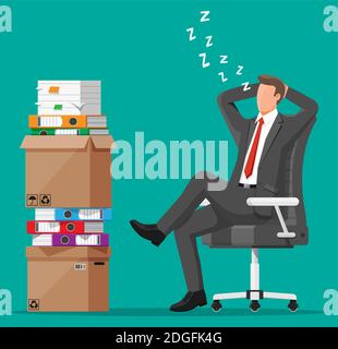 Geschäftsmann Charakter schlafen in Haufen von Papieren. Müde Geschäftsmann oder Büroangestellte schlafen am Arbeitsplatz. Stress bei der Arbeit. Bürokratie, Papierkram, Frist. Vektorgrafik im flachen Stil Stock Vektor