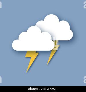 Regenwolken und Blitzschlag. Papier geschnitten Wetter. Sturmzeit. Vektor. Stock Vektor