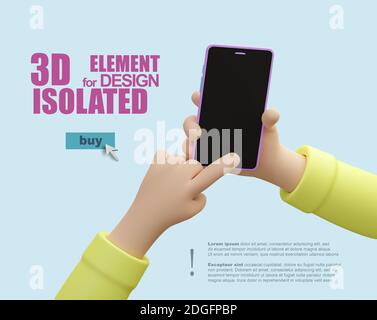 Ein Cartoon 3D Hände halten ein Handy. Zeigefinger drückt Smartphone-Bildschirm. 3d-Illustration isoliert auf blauem Hintergrund. Rendern. Element für BA Stockfoto