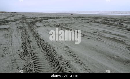 Reifenspuren im Sand am Waitarere Beach, NZ Stockfoto