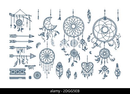 Boho Traumfänger mit Federn und Pfeilen. Großes Set mit Traumfängern unterschiedlicher Form. Vektorgrafik im Doodle-Stil Stock Vektor