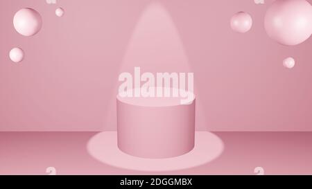 Circle Podium rosa Pastellfarbe mit Lichtstrahl und Kugel. 3D-Rendering-Illustration. Minimale Produktpräsentation. Leere geometrische Form. Mock-up-sh Stockfoto