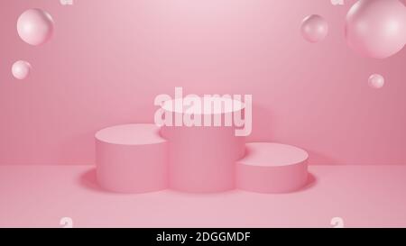 Circle Podium rosa Pastellfarbe mit drei Rang und Kugel. 3D-Rendering-Illustration. Minimale Produktpräsentation. Leere geometrische Form. Mock-up-sh Stockfoto