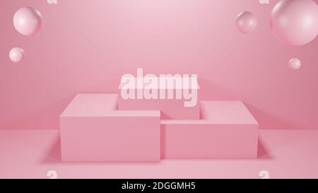 Quadratisches Podium rosa Pastellfarbe mit drei Rang und Kugel. 3D-Rendering-Illustration. Minimale Produktpräsentation. Leere geometrische Form. Mock-up-sh Stockfoto