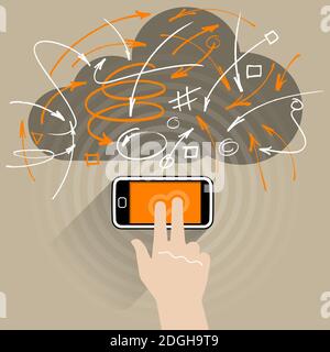 Ein Smartphone, das mit dem Internet (Internet) verbunden ist. Die verschiedenen Pfeile und die Wolke stellen die Netzwerkverbindungen untereinander dar. Stock Vektor