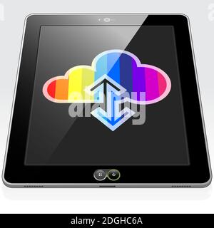 Ein Rainbow Stripped Data Cloud 'Sync'-Symbol auf einem Tablet PC-Bildschirm dargestellt. Stock Vektor