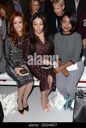 (Von links nach rechts) Siobhan Donaghy, Mutya Buena und Keisha Buchanan der Sugababes auf der PPQ Catwalk Show, Teil der London Fashion Week, Frühjahr Sommer 2014, BFC Showspace, Somerset House. Stockfoto