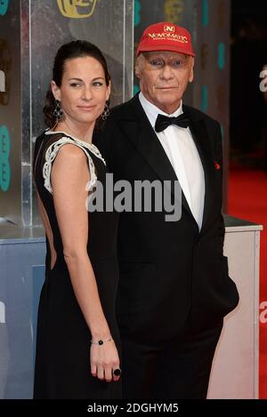 Niki Lauda und Birgit Wetzinger bei den EE British Academy Film Awards 2014 im Royal Opera House, Bow Street, London. Stockfoto