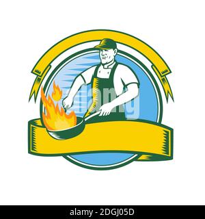 Koch Kochen Flammende Pfanne Kreis Retro Maskottchen Stockfoto