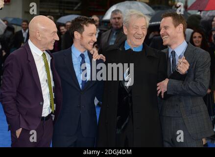 Patrick Stewart, James McAvoy, Sir Ian McKellen und Michael Fassbender bei der UK Premiere von X-Men: Days of Future Past, Odeon Cinema, Leicester Square, London. Stockfoto