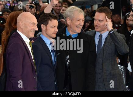 Patrick Stewart, James McAvoy, Sir Ian McKellen und Michael Fassbender bei der UK Premiere von X-Men: Days of Future Past, Odeon Cinema, Leicester Square, London. Stockfoto