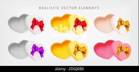 Set von Valentine leere Boxen Herz mit rot, Gold, rosa Schleife auf weißem Hintergrund. Geschenkbox öffnen. realistischer 3D-Vektor. Sammlung von realistischen Geschenken Stock Vektor