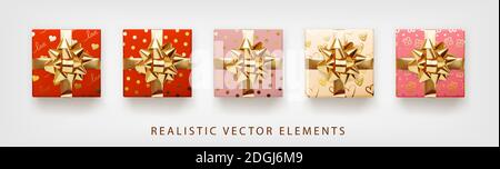 Geschenkkollektion mit goldener Folienschleife. Set von 3d realistische Geschenk-Boxen mit Muster rot, rosa, beige Farben. Stock Vektor