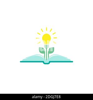 Offenes Buch mit Glühbirne und Blättern. Flaches Symbol auf weißem Hintergrund isoliert. Vektorgrafik. Logo für Ideenwachstum. Bildungs-Piktogramm. Leistung von k Stock Vektor