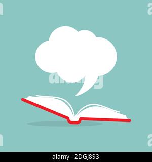 Offenes Buch mit rotem Buchdeckel und weißer Sprechblase. Isoliert auf pulverblauem Hintergrund. Symbol für flache Anzeige. Vektordarstellung. Quotatio Stock Vektor