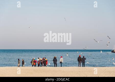 Im Winter laufen die Menschen am Sandstrand. Perfekter Winterurlaub. Die Leute entspannen sich in der kalten Jahreszeit an der Küste. Danzig, Polen Februar Stockfoto