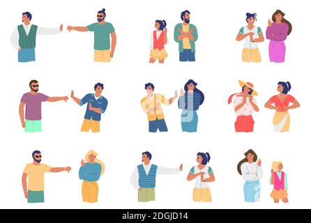 Konflikt Menschen Zeichentrickfigur Satz, flache Vektor-Illustration. Probleme mit Familienbeziehungen, Konflikt mit Freunden. Stock Vektor