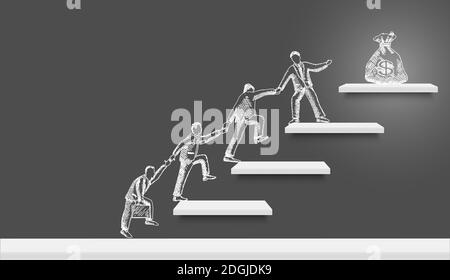 Business People Team Silhouetten Klettern Treppen zu Geldbeutel auf der Oberseite, Vektor-Illustration. Finanzieller Erfolg. Stock Vektor