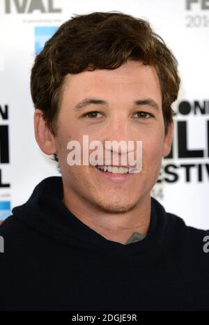 Miles Teller beim Whiplash Photocall während des 58. BFI London Film Festival im May Fair Hotel, London. Stockfoto