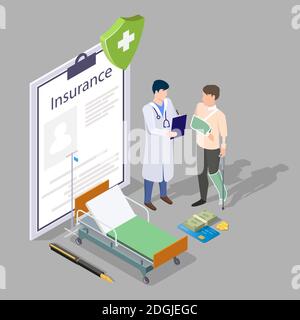 Isometrischer Arzt, Patient mit gebrochenem Arm und Bein, Krankenversicherungsformular, flache Vektordarstellung. Stock Vektor