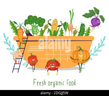 Nette lustige Gemüsefiguren in Salatschüssel, flache Vektor-Illustration. Frische Bio-Lebensmittel. Stock Vektor