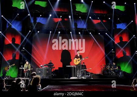 EXKLUSIVE Mark Sheehan, Danny O'Donoghue und Glen Power (von links nach rechts) von The Script live auf der Bühne während des Capital FM Jingle Bell Ball 2014 in der O2 Arena, London Stockfoto