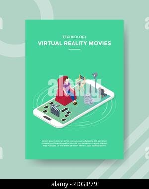 Technologie Virtual Reality Filme Frauen sitzen auf Couch verwenden vr Brille auf Smartphone für Flyer-Vorlage und bedruckte Bannerhülle Isometrisches 3d-Flachstyl Stockfoto