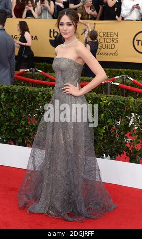 Emmy Rossum kommt auf dem roten Teppich bei den 21. Annual Screen Actors Guild Awards, die im Shrine Auditorium in Los Angeles stattfinden. Stockfoto