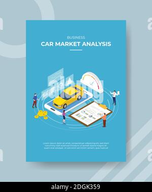 Business Car Marktanalyse Menschen stehen um Auto auf Smartphone Diagramm Zwischenablage für Vorlage Flyer und Druck Banner Cover isometrisch 3d-Flachstil Stockfoto