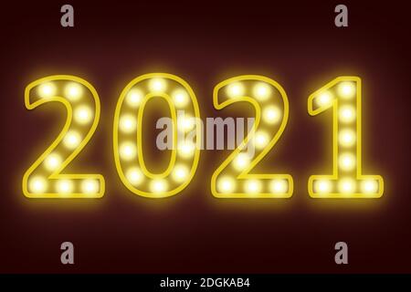 Glühbirne blinkt in der Zahl 2021 für ein glückliches neues Jahr 2021 Silvester Feier Hintergrund Stockfoto