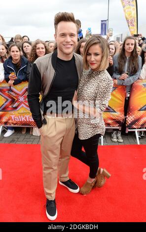 Olly Murs und Caroline Flack kommen für die X Factor Auditions in EventCity, Manchester City. Stockfoto