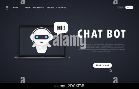 Chatbot in Laptop-Illustration. Online Assistant bot Landing Page Template. Dialogfeld, Nachricht. Technischer Support. Für Webseite. Vektor auf isoliertem Rückg Stock Vektor