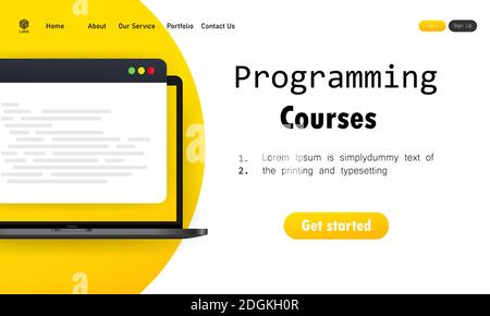 Abbildung zu Programmierkursen. Lernen der Codierung auf dem Laptop. Cyber-Bildung Kurskonzept. Studieren Erstellen von Programm-Software. Vektor auf isoliertem WH Stock Vektor
