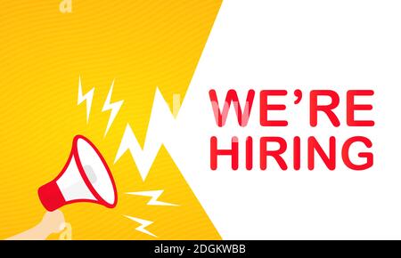 Hand hält Megaphon mit Wir sind die Einstellung Text. Ankündigung. Lautsprecher. Banner für Unternehmen, Werbung und Werbung. Vektor auf isolierten weißen BA Stock Vektor