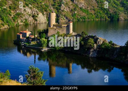 Frankreich, Loire (42), Saint-Just-Saint-Rambert, die Überreste des Schlosses von Grangent (12. Jahrhundert) isoliert auf dem Stausee von Grangent, Loire-Tal Stockfoto