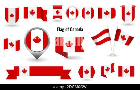 Die Flagge von Kanada. Große Reihe von Symbolen und Symbolen. Kreis und Quadrat und Runde Kanada Flagge. Sammlung von verschiedenen Flaggen der horizontalen und vertikalen. v Stock Vektor