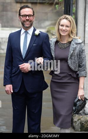 James Murdoch und Frau Kathryn Hufschmid Murdoch beim Rupert Murdoch und Jerry Hall Wedding Blessing in der St. Brides Church, Fleet St, London Stockfoto