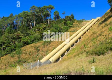 Riesige Wasserleitungen an einem Hang, die ein Wasserkraftwerk versorgen. Fotografiert in Ruahihi, Neuseeland Stockfoto
