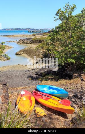 Ocean Kajaks in einer kleinen Bucht auf Rangitoto Island, Neuseeland Stockfoto