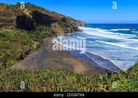 Der schwarze Sandstrand an der Maori Bay in der Nähe von Muriwai, Neuseeland, umgeben von Küstenklippen Stockfoto