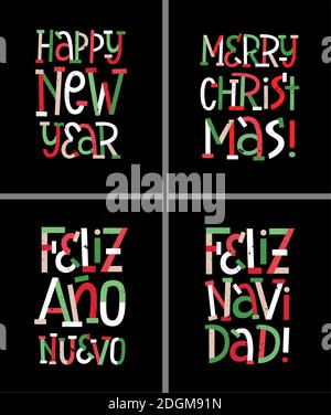 Frohes neues Jahr und frohe Weihnachten in Englisch und Spanisch Typografie-Designs Stock Vektor