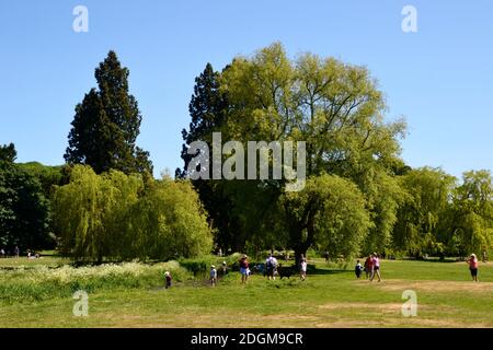 Menschen am Bach im Hughenden Park, Hughenden, High Wycombe, Buckinghamshire, Großbritannien Stockfoto