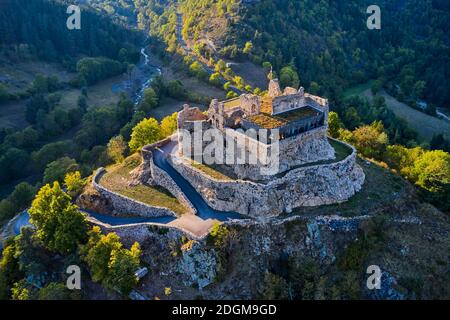 Frankreich, Haute-Loire (43), Goudet, Burg Beaufort erbaut um 1200, Loire-Tal (Luftaufnahme) Stockfoto