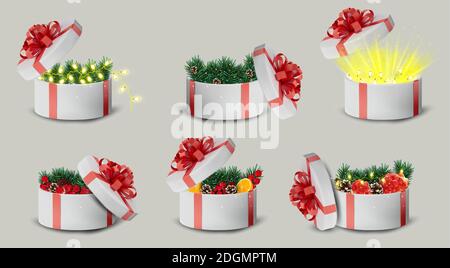 Geschenk weiße Box in einem roten Band und Schleife auf der Oberseite. Urlaub, Geschenk runde Box mit Funkeln, Tannenzapfen, Orange, Girlande innen und hellen Lichtstrahlen. Neujahr und Weihnachten Design. Vektorgrafik Stock Vektor