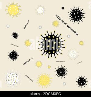 Coronavirus 2019-nCoV. COVID-19. Ausbruch einer neuartigen Coronavirus-Lungenentzündung. Verschiedene Arten von Viren. Nahtloses Muster über Virusinfektion. Flacher Vektor Stock Vektor