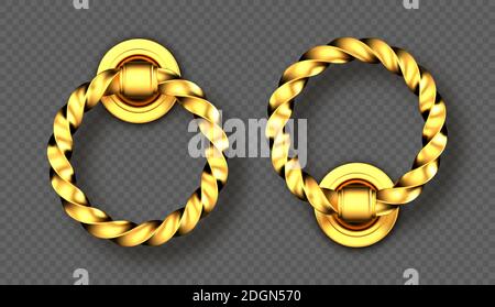 Realistische Gold Türklopfer, verdrehte Griffe, goldene Ring-Knöpfe, glänzend vintage Metall Türknauf, Element für Innen-oder Außenbereich Design isoliert auf transparentem Hintergrund, 3d-Vektor-Symbole, Clipart Stock Vektor