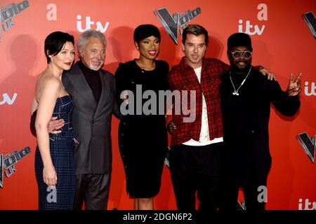 Emma Willis (von links nach rechts), Sir Tom Jones, Jennifer Hudson, Gavin Rossdale und will.i.am nehmen am Voice UK Launch im Millbank Tower, London Teil. Bildnachweis sollte lauten: Doug Peters/EMPICS Entertainment Stockfoto
