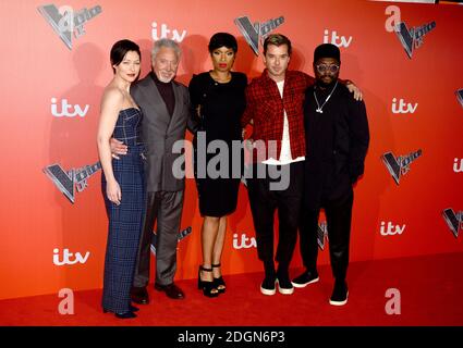 Emma Willis (von links nach rechts), Sir Tom Jones, Jennifer Hudson, Gavin Rossdale und will.i.am nehmen am Voice UK Launch im Millbank Tower, London Teil. Bildnachweis sollte lauten: Doug Peters/EMPICS Entertainment Stockfoto
