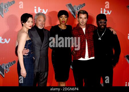 Emma Willis (von links nach rechts), Sir Tom Jones, Jennifer Hudson, Gavin Rossdale und will.i.am nehmen am Voice UK Launch im Millbank Tower, London Teil. Bildnachweis sollte lauten: Doug Peters/EMPICS Entertainment Stockfoto